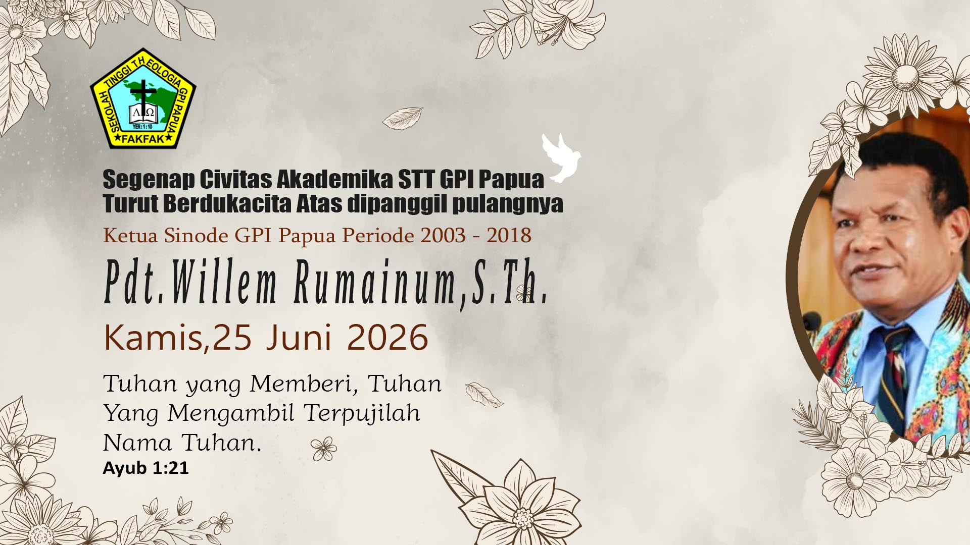 STT GPI Papua: Selamat Jalan Em. Pdt. Willem Rumainum, S.Th.